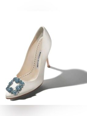 Manolo Blahnik Embellished Satin Pump Hangisi Bride white blue jewel buckle 34.5